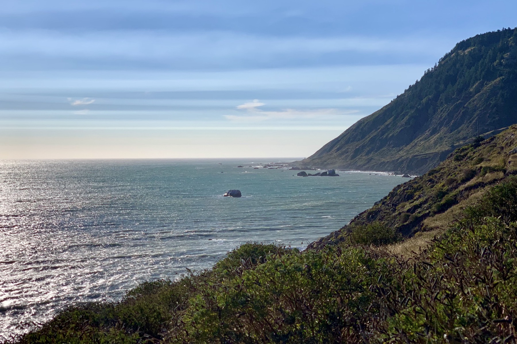 A rugged northern California coast in afternoon light. The derelict Punta Gorda Lighthouse is tiny in the distance.